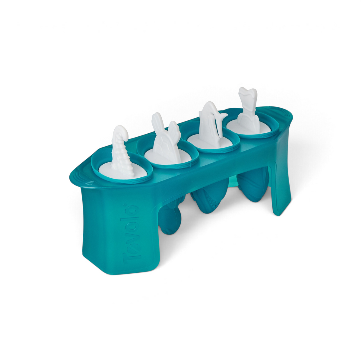 The Pop Molds set includes a teal slimline tray with four popsicle molds, each featuring a white stick shaped like an alligator, dolphin, whale, or shark tail—perfect for making homemade frozen treats.