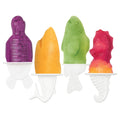 Create four colorful sea animal popsicles—a purple turtle, orange whale, green fish, and red-yellow seahorse—using Pop Molds with white plastic sticks and matching animal-themed details.