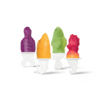 Create four colorful sea animal popsicles—a purple turtle, orange whale, green fish, and red-yellow seahorse—using Pop Molds with white plastic sticks and matching animal-themed details.