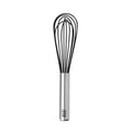 The Beat Whisk features a sleek stainless steel handle and a black wire head, standing upright against a white background—a versatile, dishwasher-safe kitchen utensil.