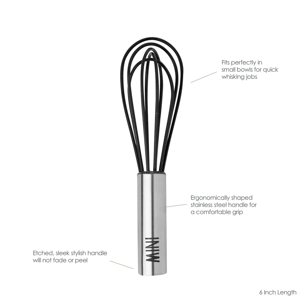 The Mini Whisk is a 6-inch tool with black wires and a stainless steel handle. Its compact size allows quick whisking, while the ergonomic, durable handle is designed to stay sleek and resist fading or peeling.