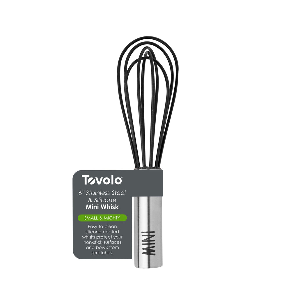 The Mini Whisk features a 6-inch stainless steel handle and black silicone-coated wires, perfect for quick whisking, easy cleaning, and safe use on non-stick surfaces; labeled "Small & Mighty.
