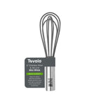 The Mini Whisk is a 6-inch Tovolo whisk with a stainless steel handle and gray silicone, ideal for quick whisking and safe for non-stick surfaces. Packaging comes attached to the handle.