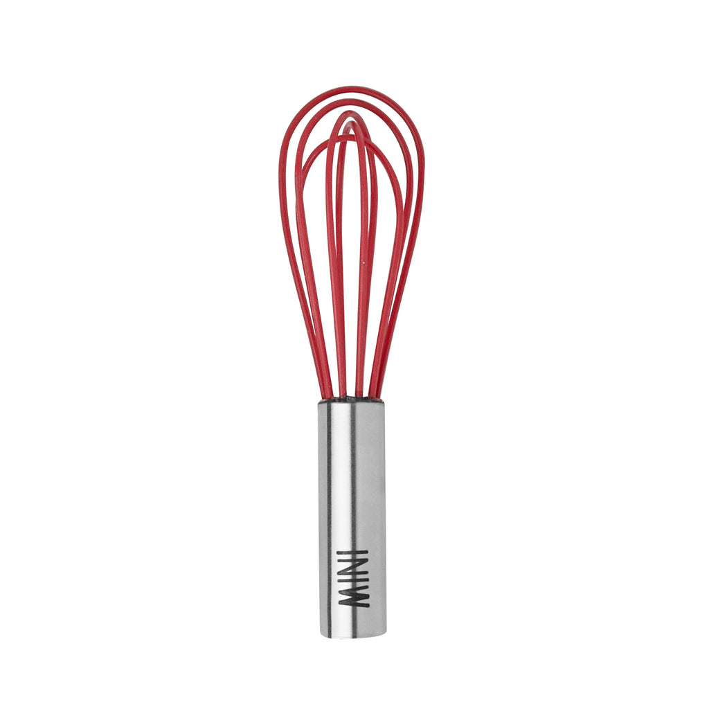 The Mini Whisk features a stainless steel handle labeled "MINI" and red silicone loops, ideal for quick whisking. Isolated on a white background.