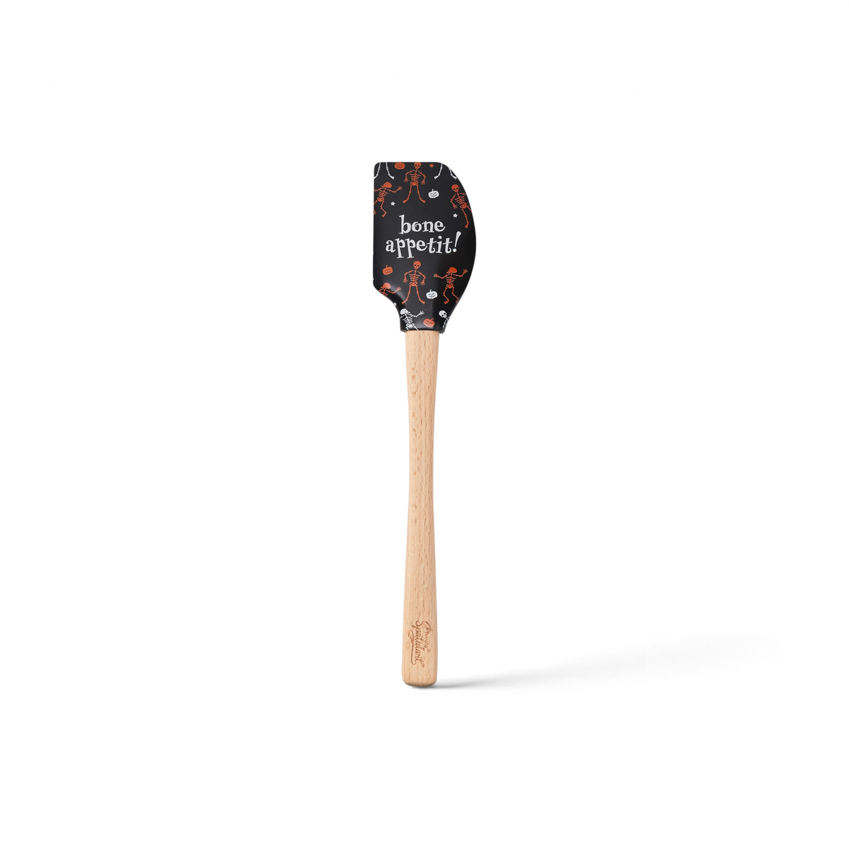 The Autumn Spatulart features a sturdy wooden handle and a black silicone head with dancing skeletons and "bone appetit!"—a playful utensil that adds festive fun to your kitchen.