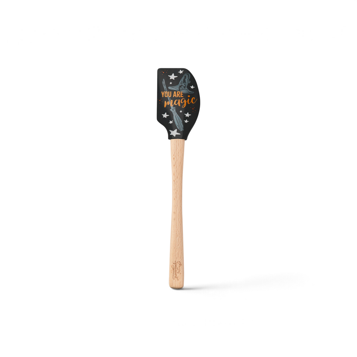 The Autumn Spatulart is a wood-handled silicone spatula with a black head, white stars, a silver magic wand, and "You are magic" written in orange script.