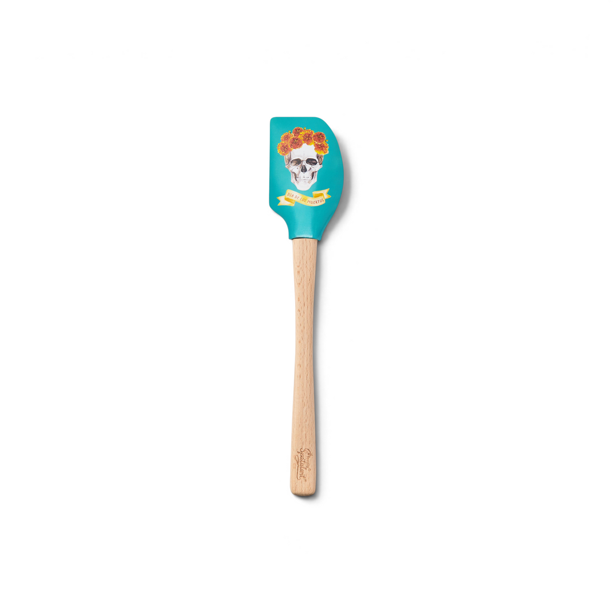 Autumn Spatulart: A turquoise silicone spatula with a wooden handle, showcasing a sugar skull with red and yellow flowers and a yellow "Bake Your Spirit" ribbon—a colorful kitchen tool for baking lovers.