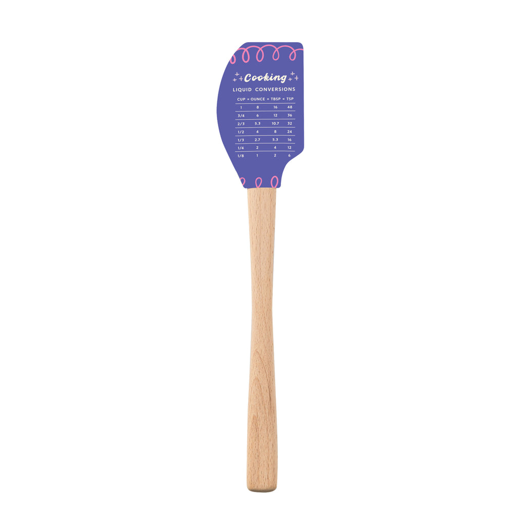 The Kitchen Hacks Spatulart is a purple silicone spatula with a wooden handle, featuring a Cooking Liquid Conversions chart and a pink wavy border—perfect for quick, handy measurements while baking.