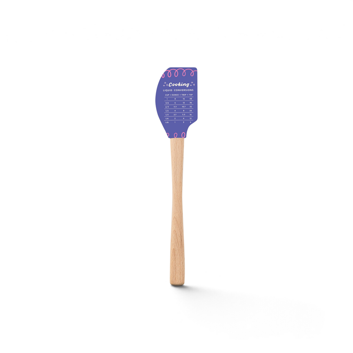 The Kitchen Hacks Spatulart is a purple silicone spatula with a wooden handle, featuring a Cooking Liquid Conversions chart and a pink wavy border—perfect for quick, handy measurements while baking.