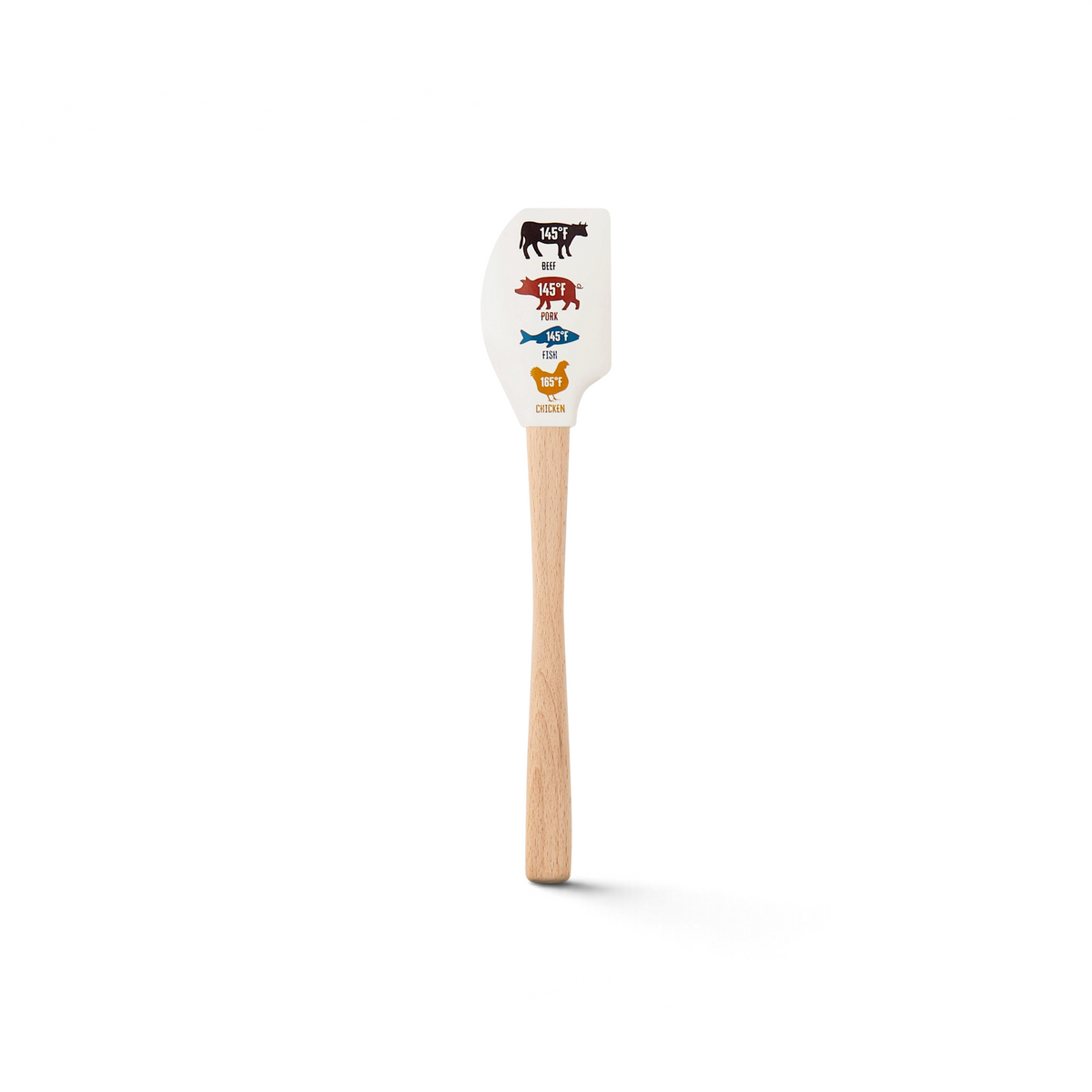 The Kitchen Hacks Spatulart is a wooden-handled silicone spatula with a white head featuring labeled cow, pig, fish, and chicken illustrations showing their safe cooking temperatures in Fahrenheit.