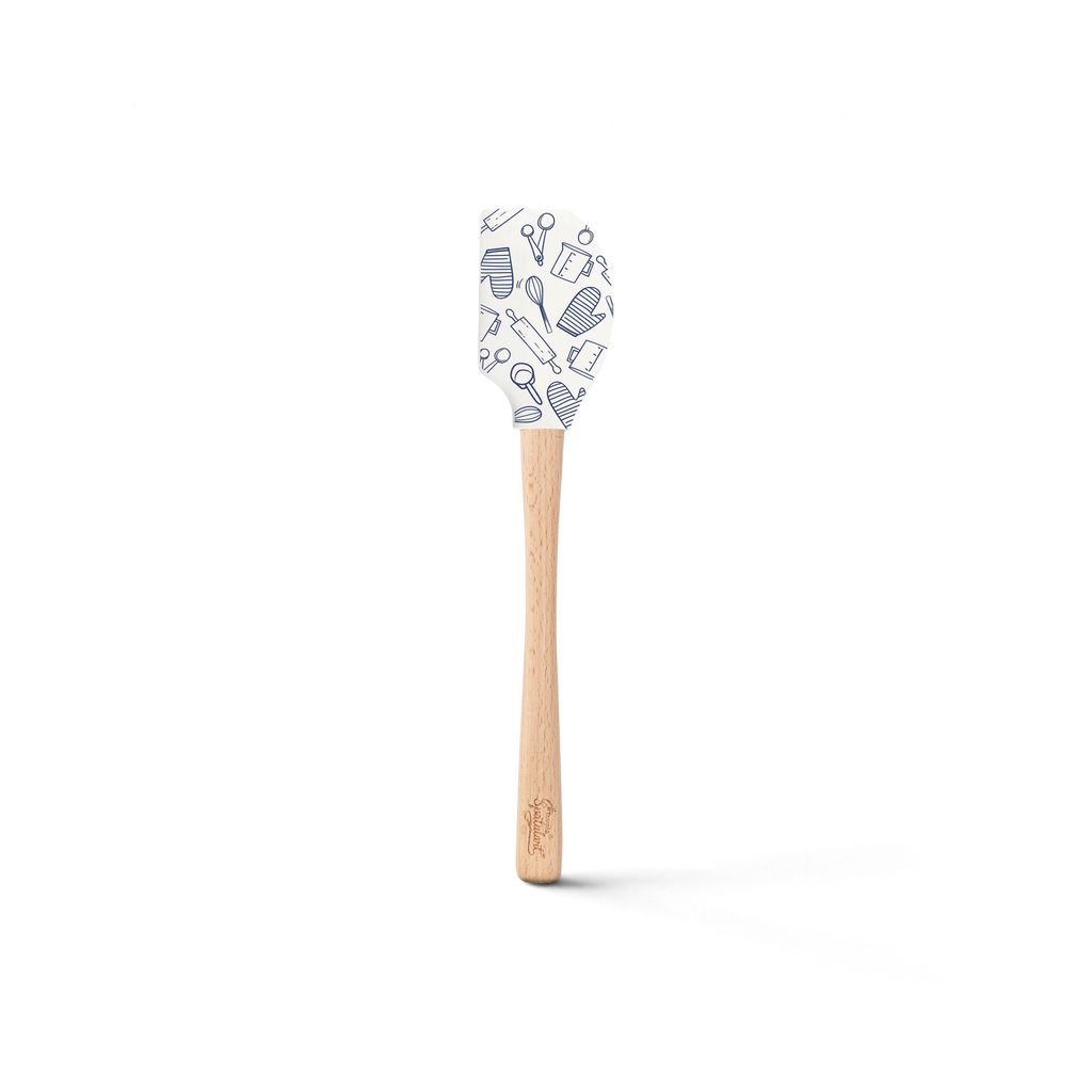 The Kitchen Hacks Spatulart features a wood handle and a white silicone head decorated with blue outlines of kitchen utensils, adding charm and utility to your kitchen tool collection.