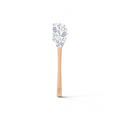 The Kitchen Hacks Spatulart features a wood handle and a white silicone head decorated with blue outlines of kitchen utensils, adding charm and utility to your kitchen tool collection.