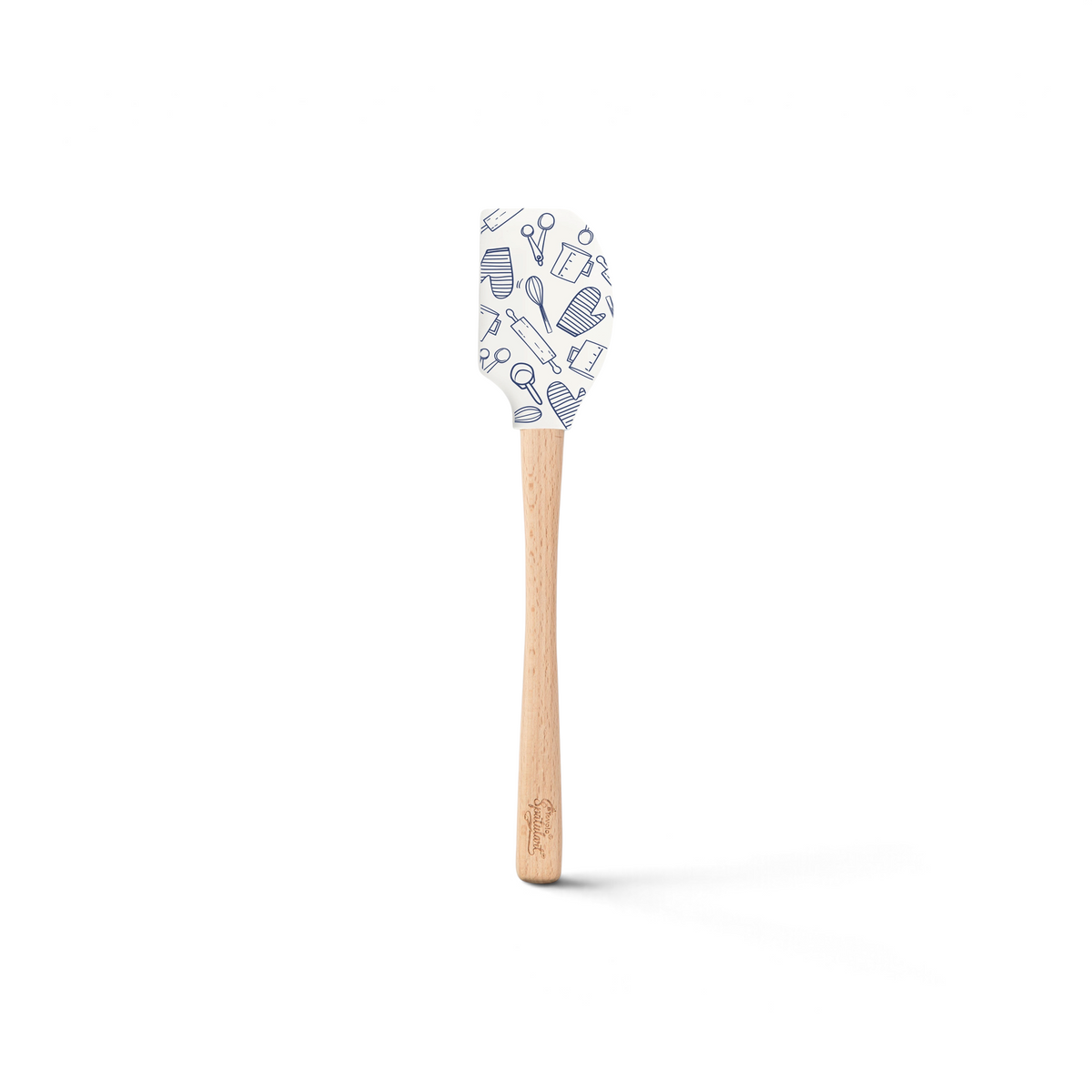 The Kitchen Hacks Spatulart features a wood handle and a white silicone head decorated with blue outlines of kitchen utensils, adding charm and utility to your kitchen tool collection.