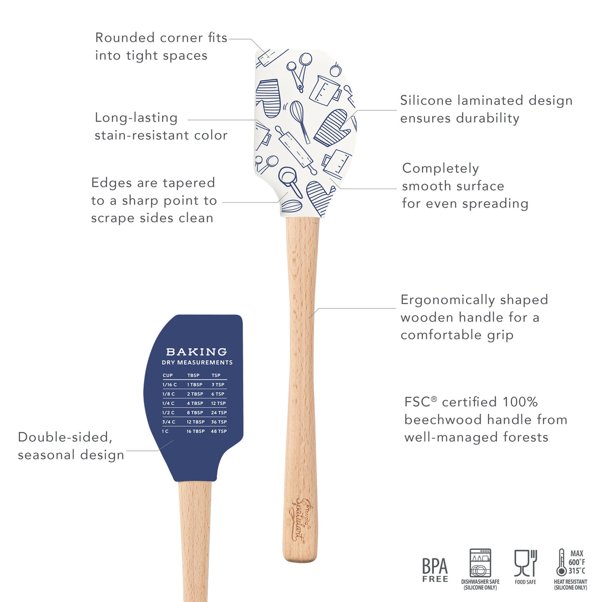 The Kitchen Hacks Spatulart set includes two wood-handled spatulas with blue and white baking designs. Made from eco-friendly silicone, they feature rounded corners, ergonomic handles, and baking measurements—ideal as a baking conversion spatula set.