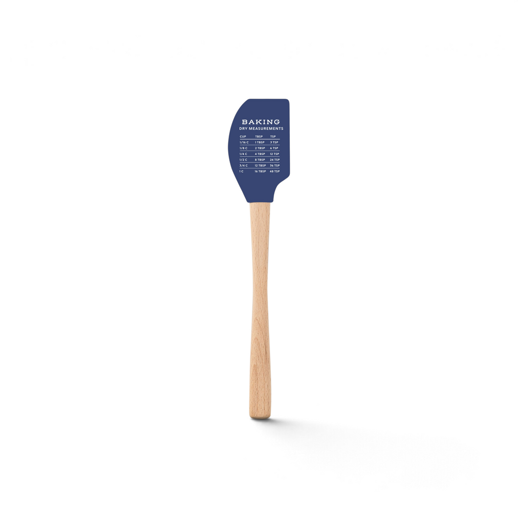 The Kitchen Hacks Spatulart spatula has a wood handle and a blue silicone head printed with a white conversion chart for cups, tablespoons, and teaspoons—a practical baking tool for your kitchen.