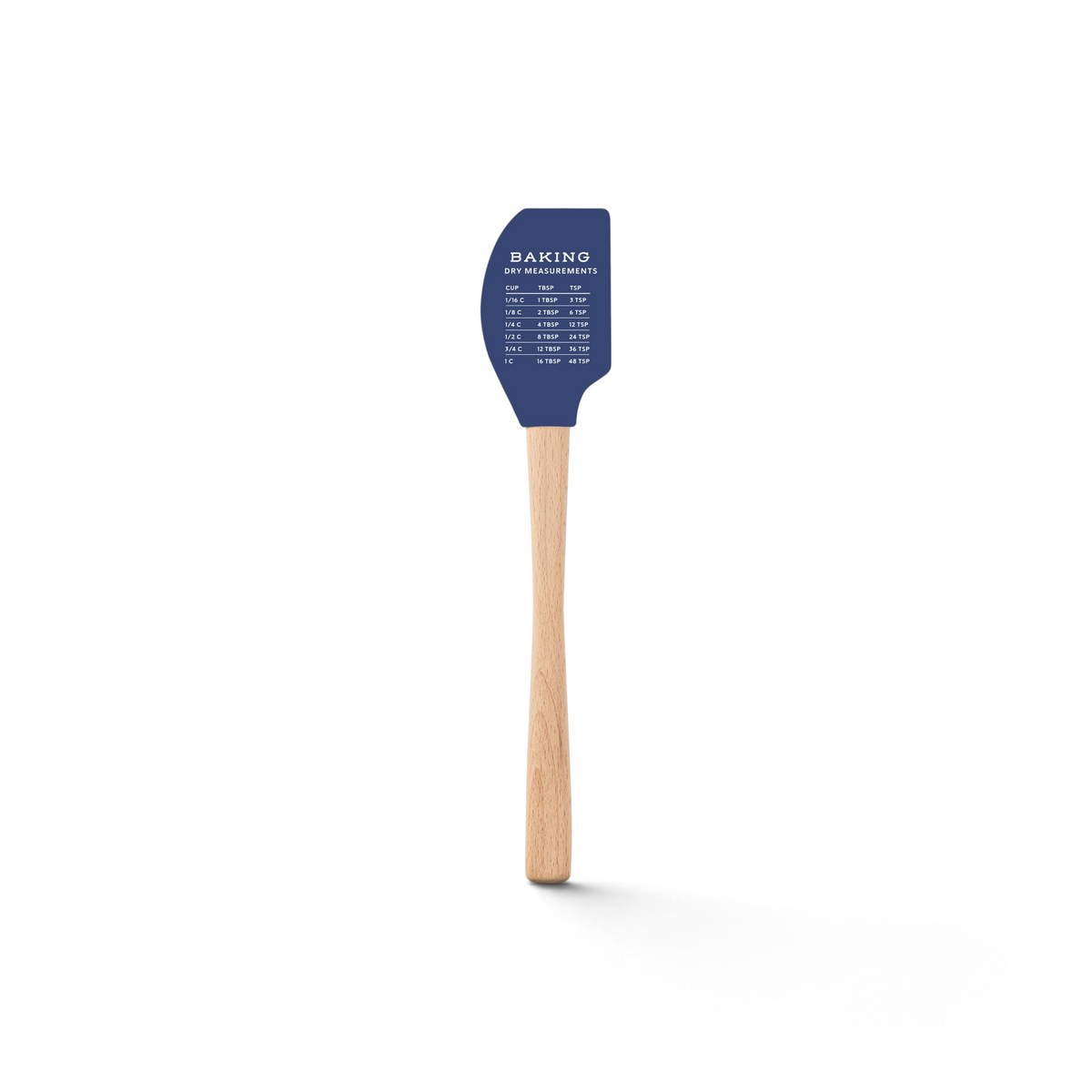 The Kitchen Hacks Spatulart spatula has a wood handle and a blue silicone head printed with a white conversion chart for cups, tablespoons, and teaspoons—a practical baking tool for your kitchen.