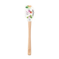 The Kitchen Hacks Spatulart is a wood-handled spatula with a white silicone head, colorful vegetable and herb illustrations, and cooking essentials text—perfect for adding charm to any kitchen.