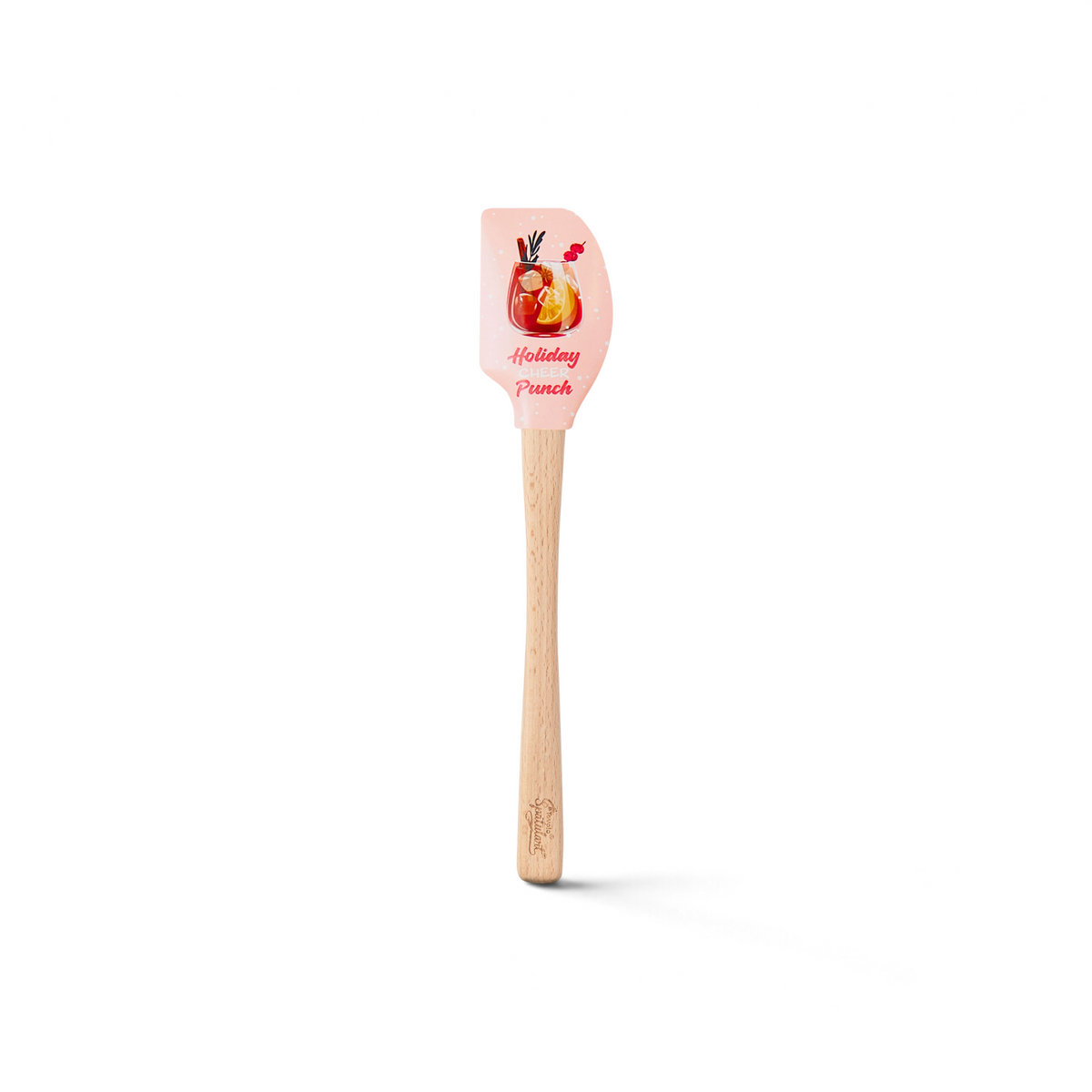 The Holiday Spatulart features a pink silicone head with a drink illustration and "Holiday Punch" in red cursive, plus a sturdy wooden handle—great for baking or gifting this festive season.