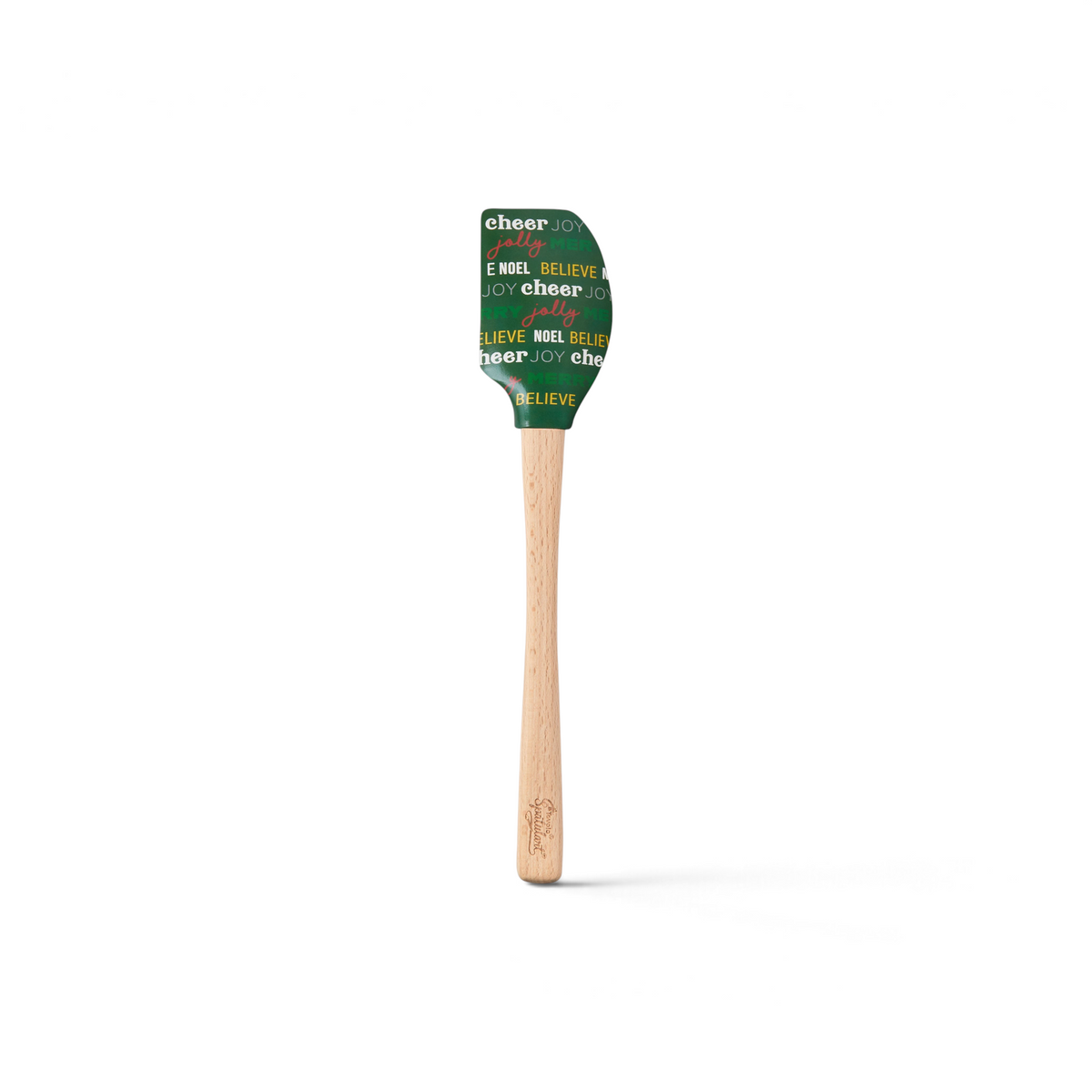 The Holiday Spatulart features a wooden handle and green silicone head printed with festive words like cheer, joy, jolly, believe, and noel—an ideal gift wrap spatula for all your holiday baking!.