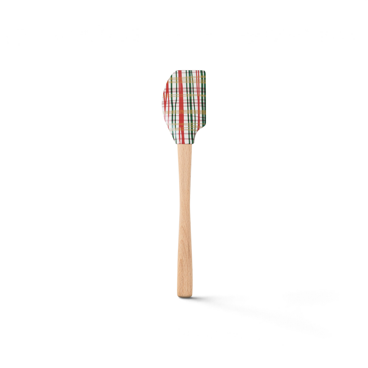 The Holiday Spatulart features a colorful plaid silicone head and a light wooden handle, shown on a white background.
