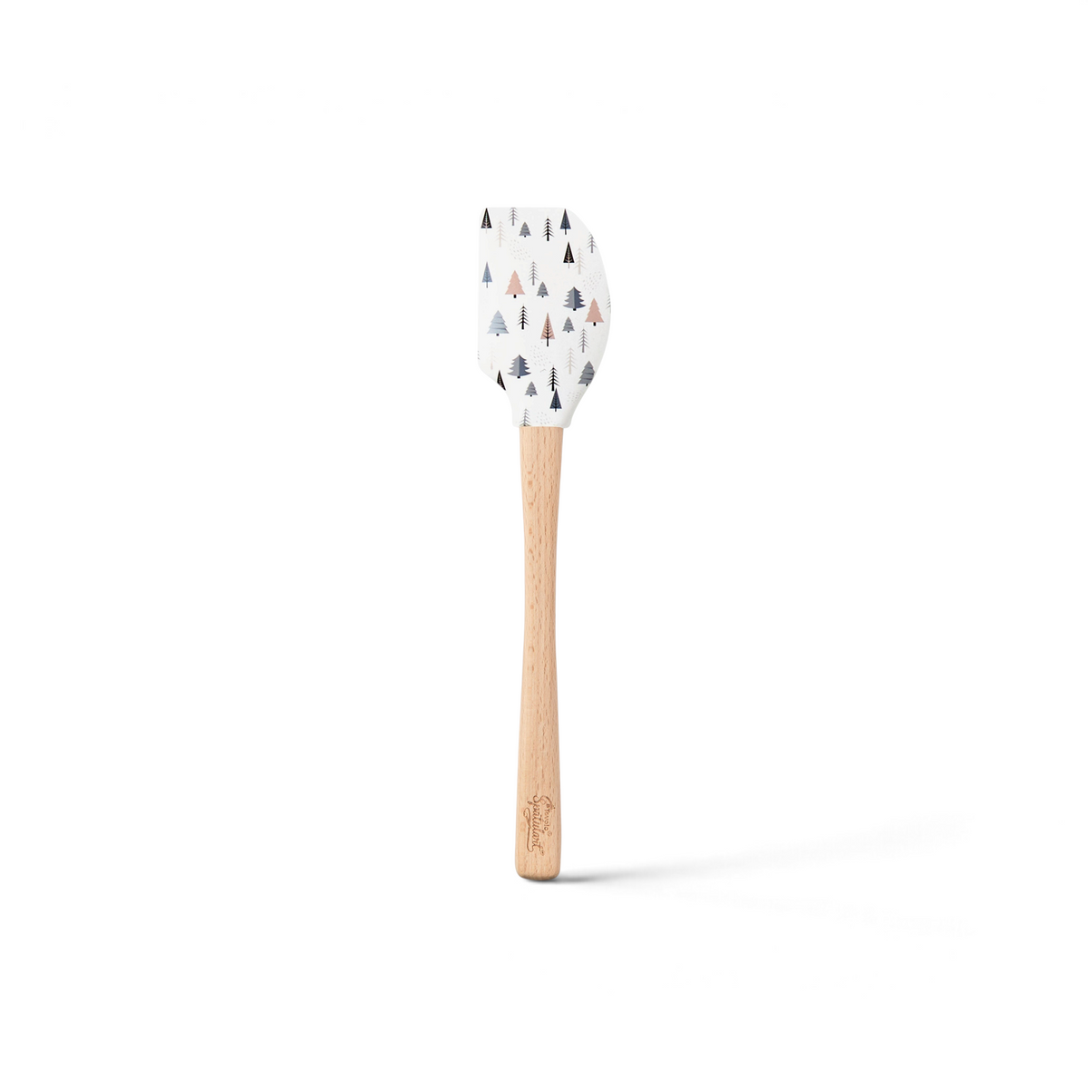 The Holiday Spatulart features a light wooden handle and a silicone head adorned with blue, pink, and black multicolored trees on white—ideal for festive baking or as a charming gift wrap spatula.