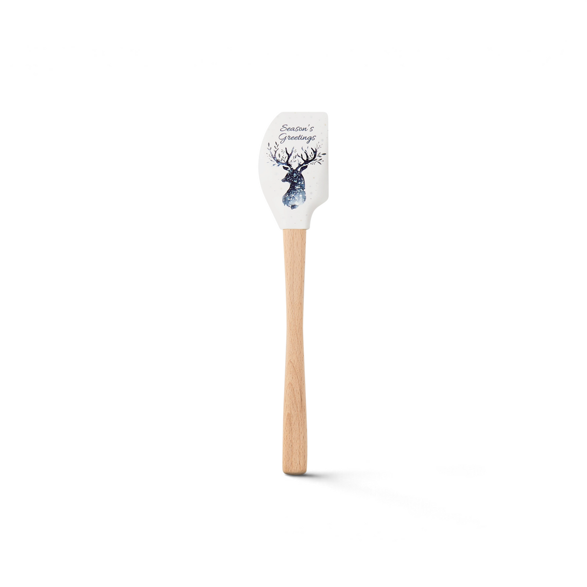 The Holiday Spatulart features a wooden handle and white silicone head with a watercolor reindeer and “Season’s Greetings”—a festive addition to holiday baking or as a cheerful gift wrap spatula.
