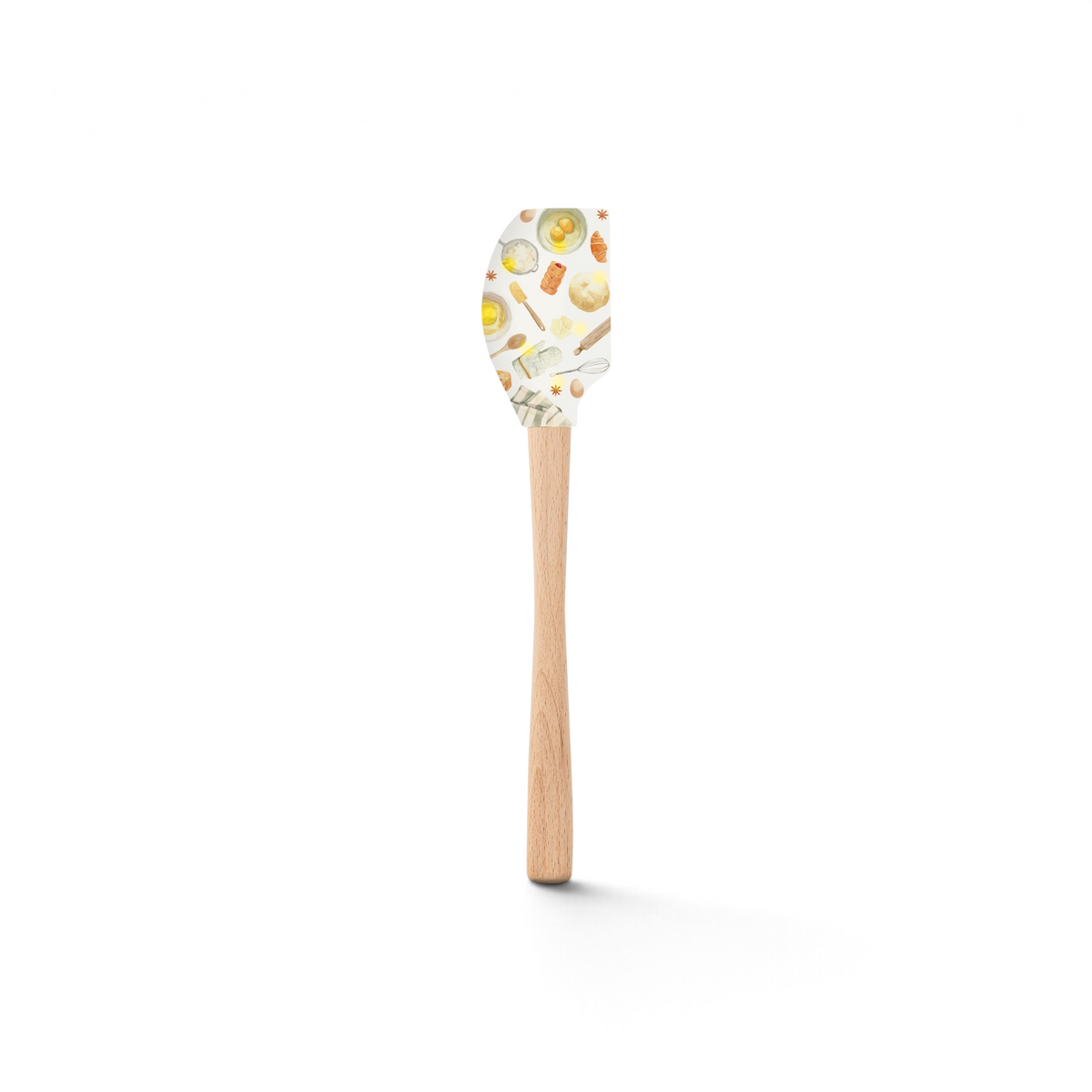 The Kitchen Hacks Spatulart is a charming wood-handled spatula with a silicone head, decorated with eggs, butter, and a whisk, adding a whimsical touch to your kitchen essentials.