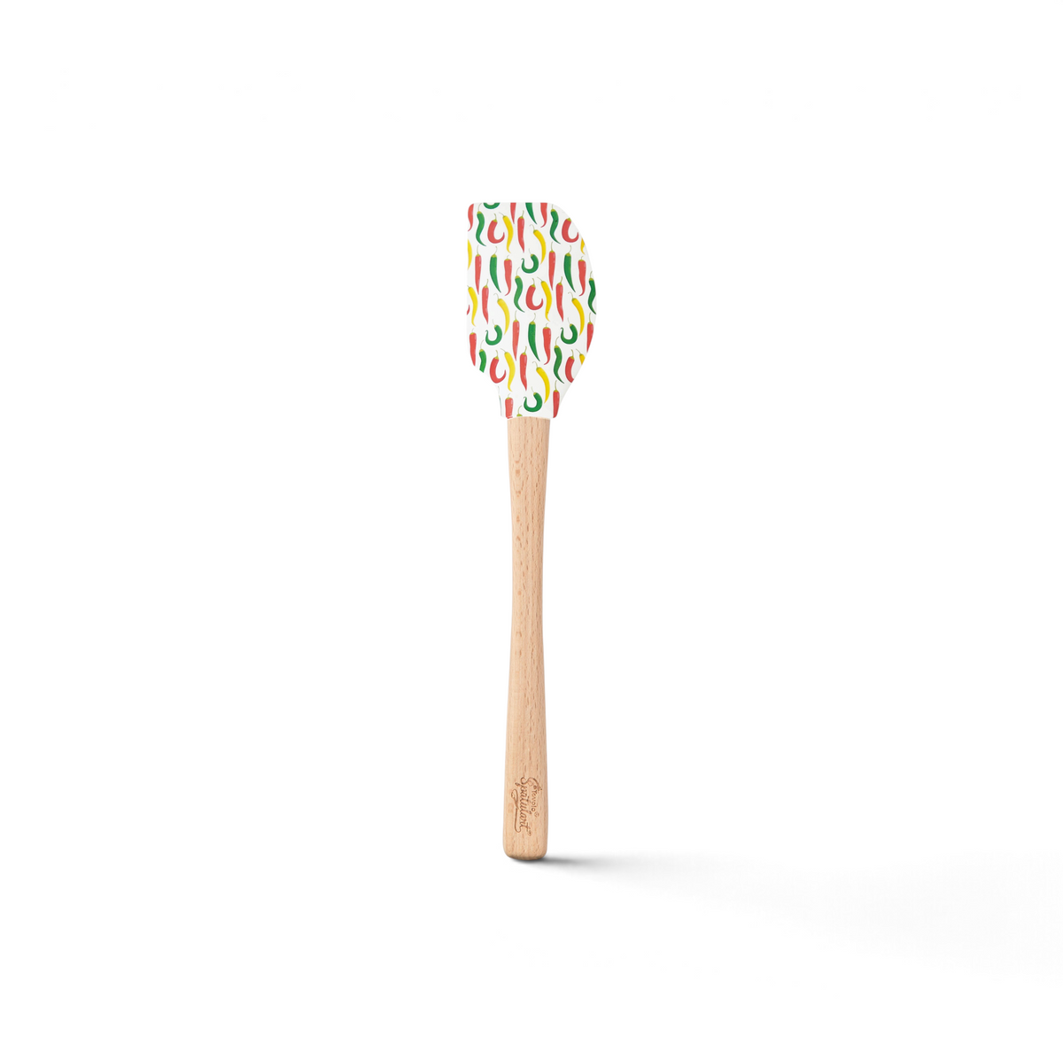 The Autumn Spatulart is a vibrant silicone spatula with a light wooden handle and an eye-catching chili pepper design in red, green, and yellow—perfect for every cook’s kitchen.