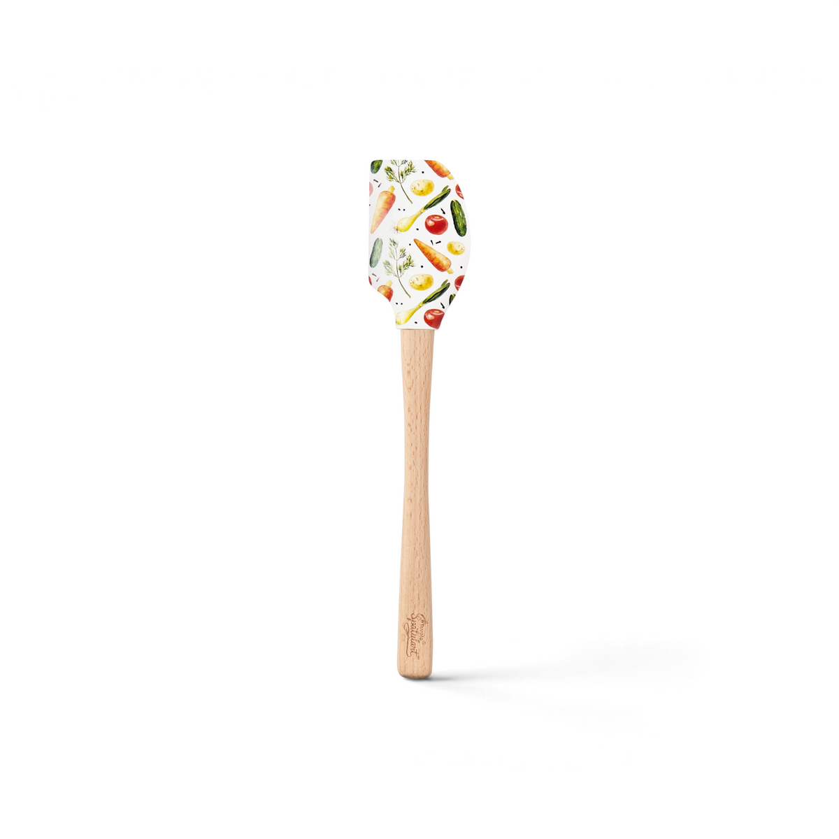 The Spring Spatulart is a wood handled spatula with a silicone head that showcases a bright carrot patch design with carrots, tomatoes, cucumbers, and herbs on a white background.