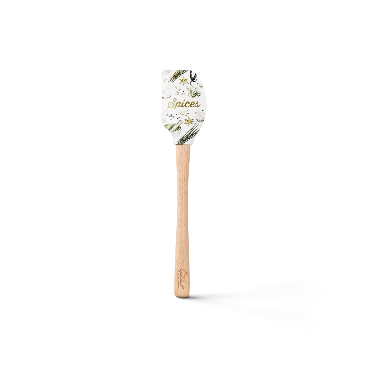 The Autumn Spatulart features a wood handle and a white silicone head decorated with green herb designs, black peppercorns, and "Spices" in gold script—a charming addition to any kitchen.