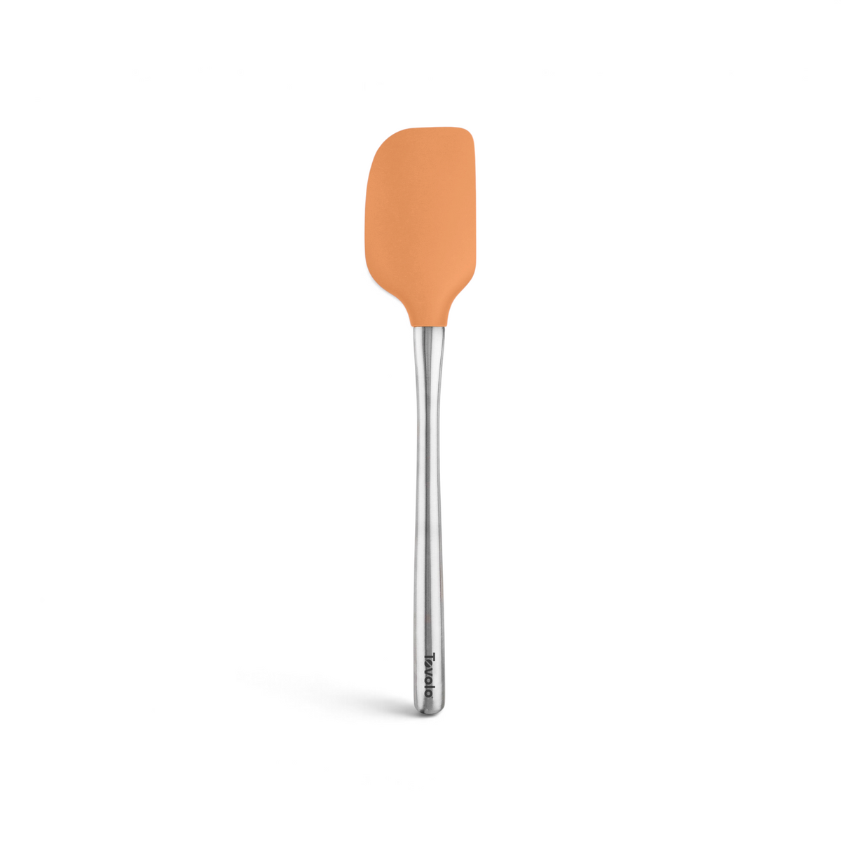 The Flex-Core Spatula features a vibrant orange silicone head and a stainless steel handle, shown standing upright against a white background.