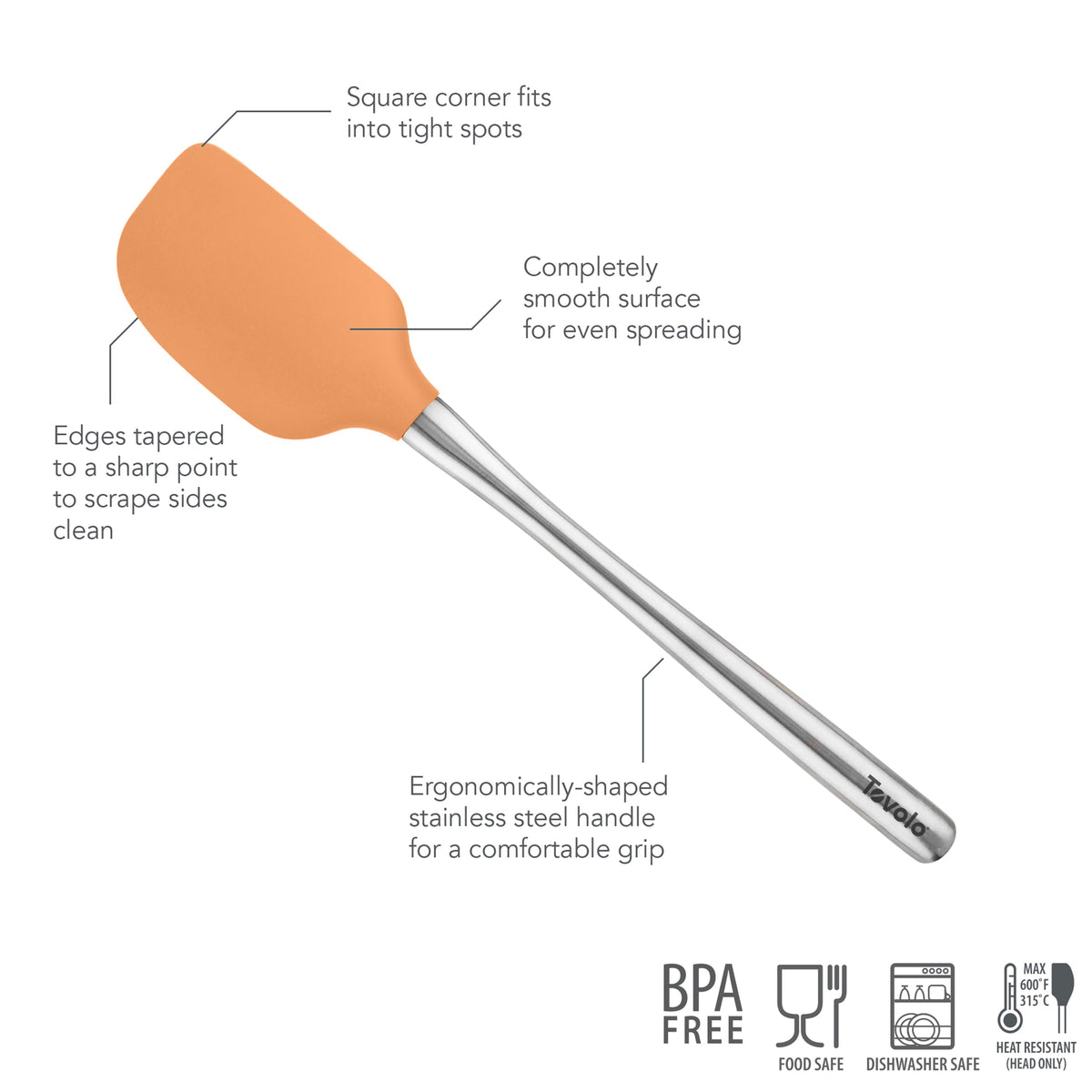 The Flex-Core Spatula features a square corner for tight spots, smooth surface, tapered edges, and an ergonomic stainless steel handle. Icons show it's BPA free, food safe, dishwasher safe, heat resistant, and comes in orange.