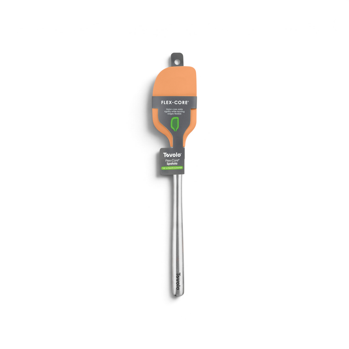 An orange Flex-Core Spatula by Tovolo, featuring a stainless steel handle, is shown new in packaging against a white background.