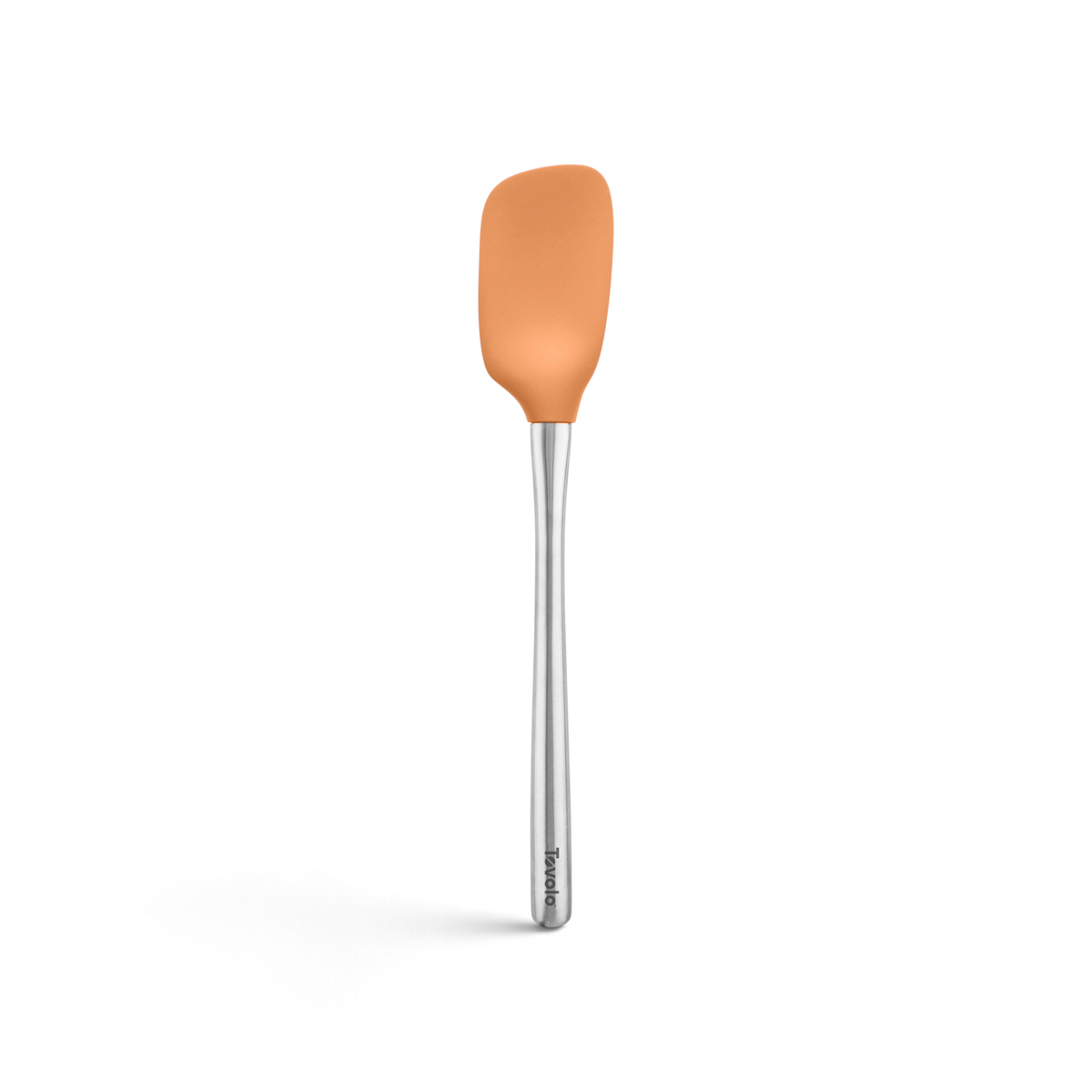 The tovolo Flex-Core Silicone Spoonula features an orange head and a long silver handle, shown vertically against a white background.