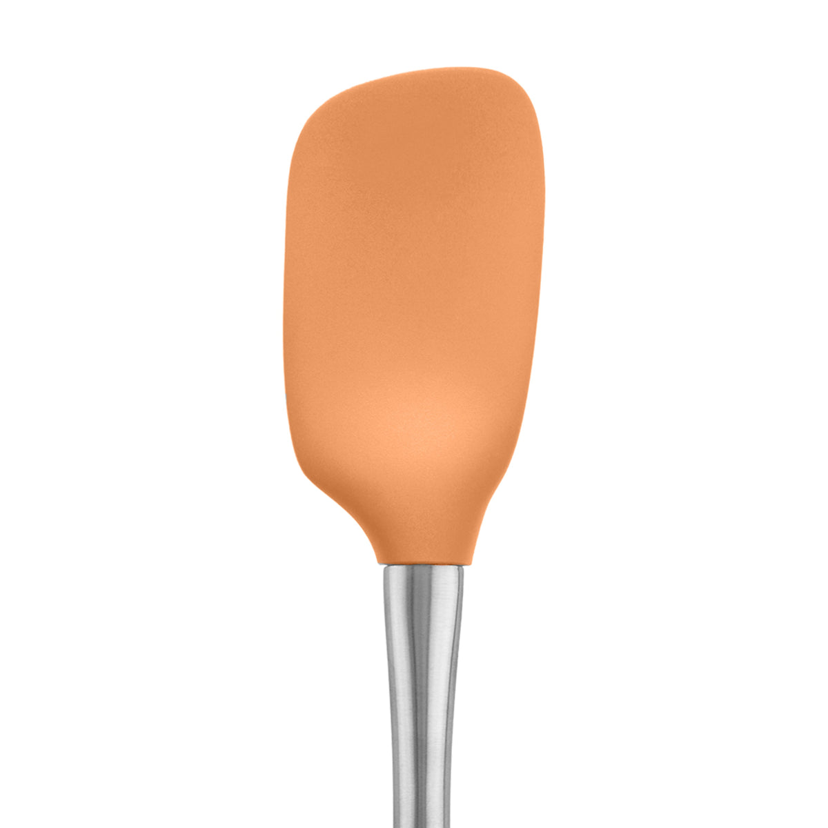 A close-up of the tovolo Flex-Core Silicone Spoonula, featuring a vibrant orange silicone head and a stainless steel handle, is displayed against a white background.