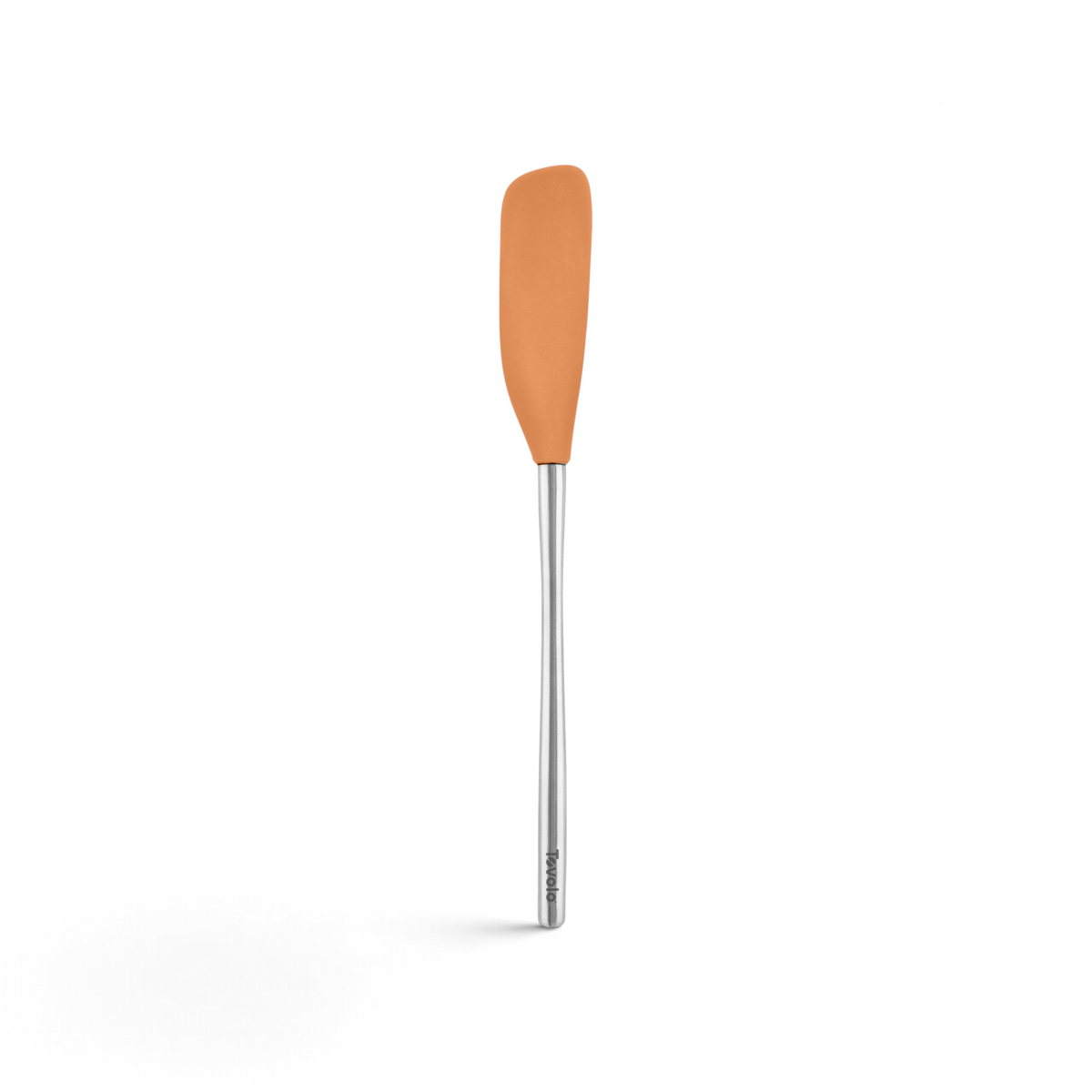 The tovolo Flex-Core Silicone Jar Scraper has an orange flexible blade and a long silver handle, perfect for scraping jars. Shown against a plain white background.