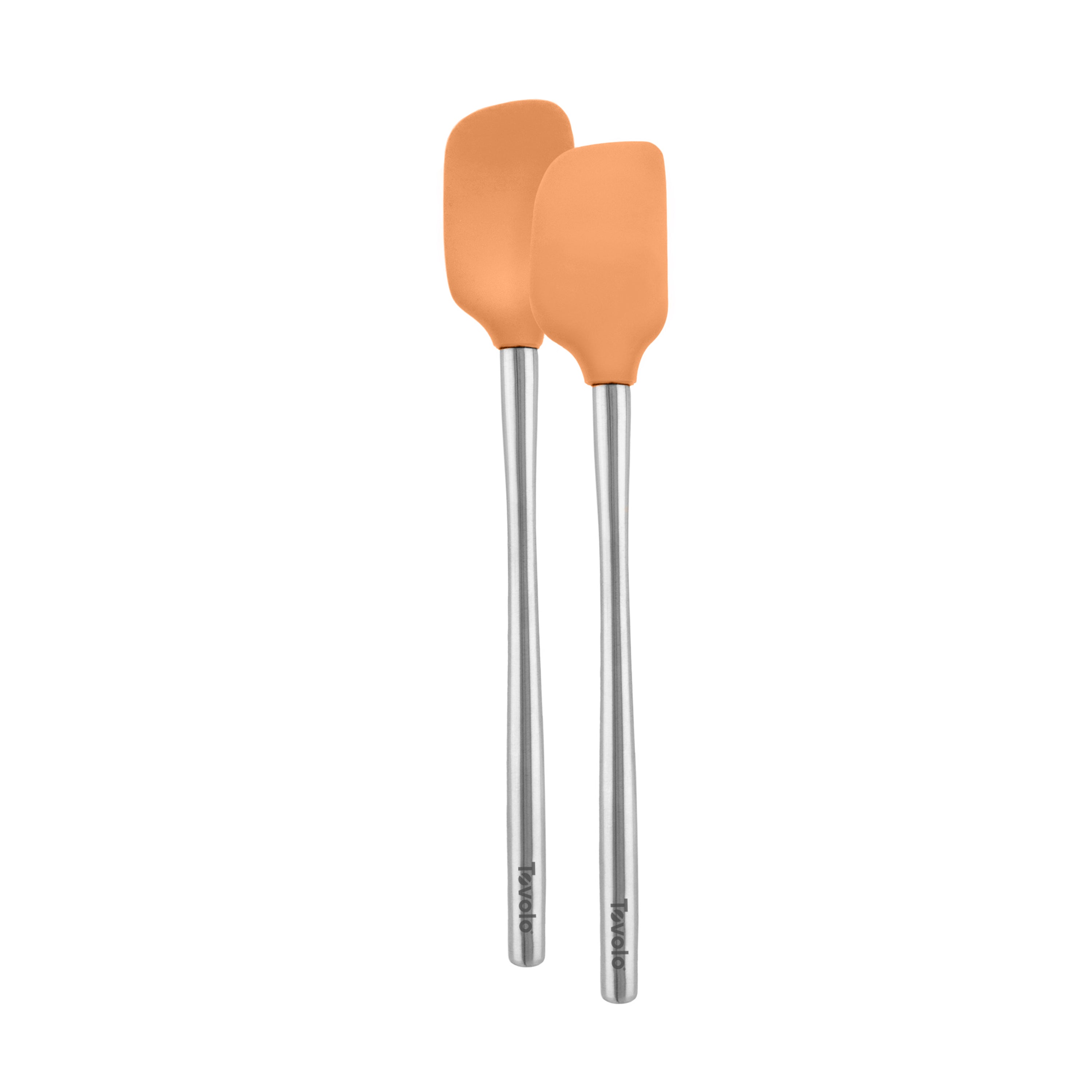 The tovolo Flex-Core Mini Spatula + Spoonula with Stainless Steel Handle in orange are shown side by side on a white background.
