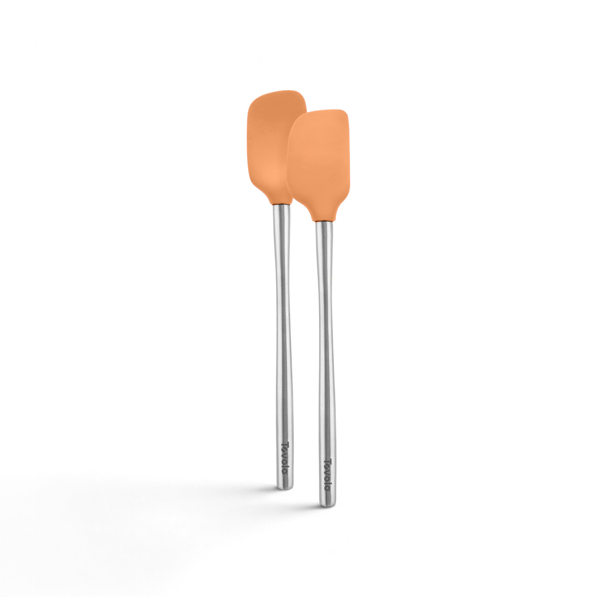 The tovolo Flex-Core Mini Spatula + Spoonula with Stainless Steel Handle in orange are shown side by side on a white background.