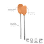 The tovolo Flex-Core Mini Spatula + Spoonula with Stainless Steel Handle are shown in orange, featuring long, narrow handles and icons for BPA-free, food safety, dishwasher safe, and heat resistance. Perfect for spreading and scooping tasks.
