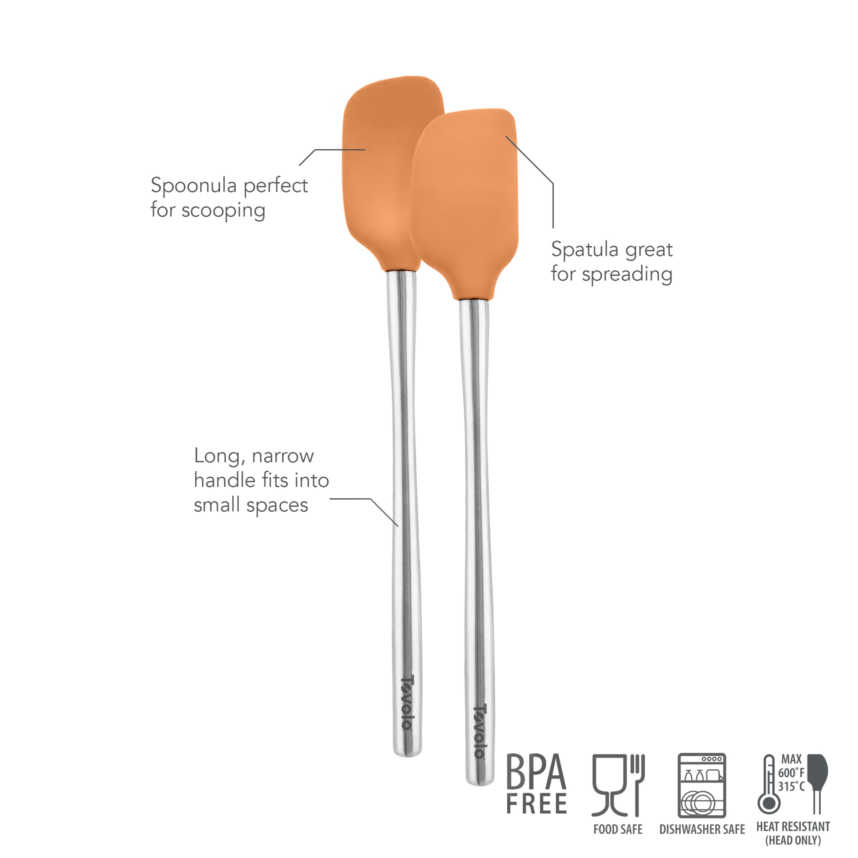 The tovolo Flex-Core Mini Spatula + Spoonula with Stainless Steel Handle are shown in orange, featuring long, narrow handles and icons for BPA-free, food safety, dishwasher safe, and heat resistance. Perfect for spreading and scooping tasks.