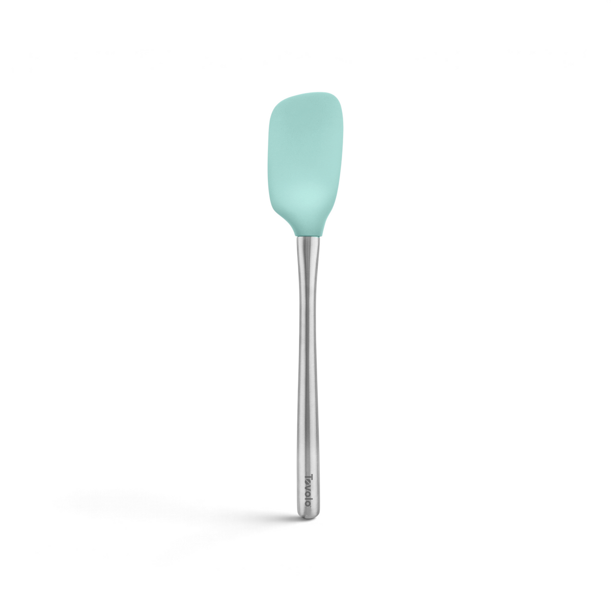 The tovolo Flex-Core Silicone Spoonula features a light blue head and a long stainless steel handle, displayed against a white background.