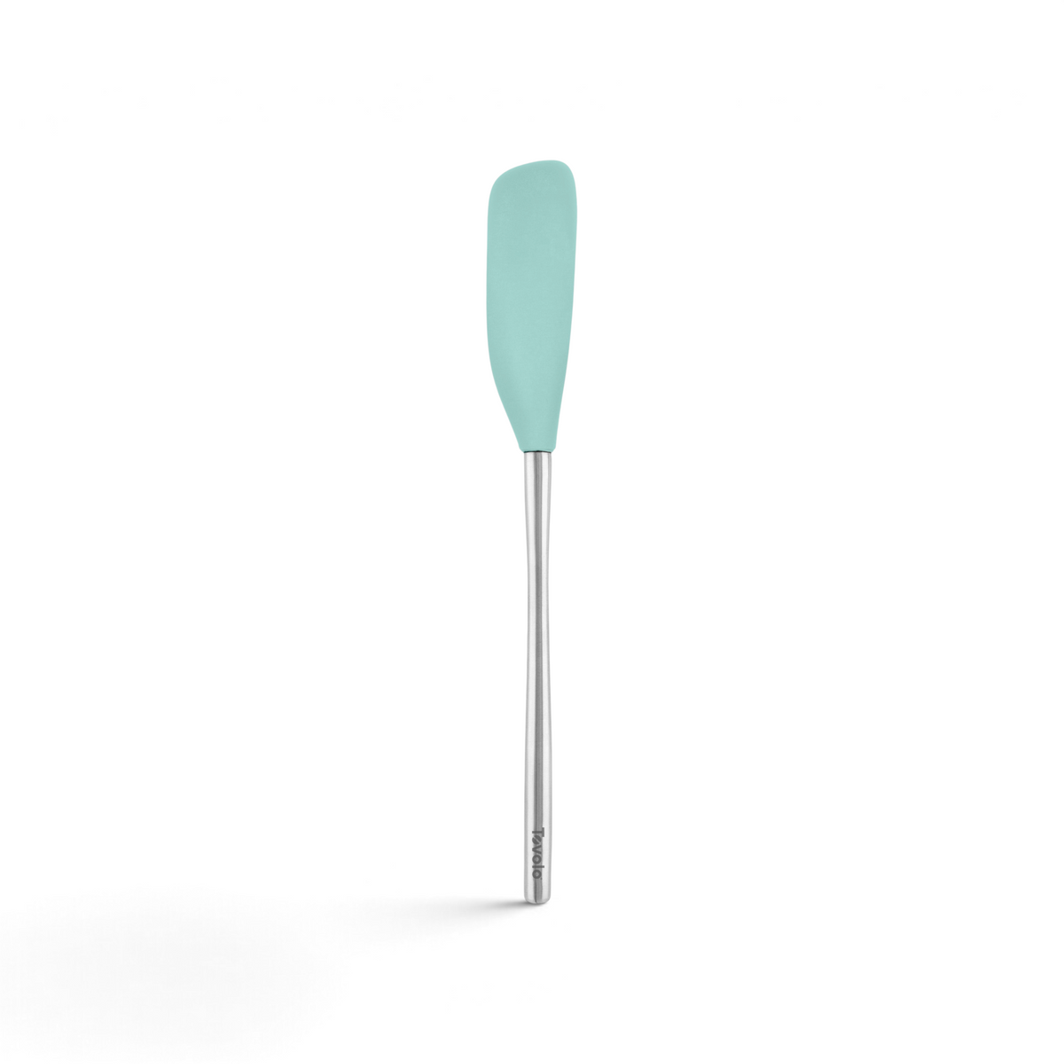 The tovolo Flex-Core Silicone Jar Scraper features a light blue, flexible head and a long stainless steel handle, making it ideal for scraping jars. Shown against a white background.