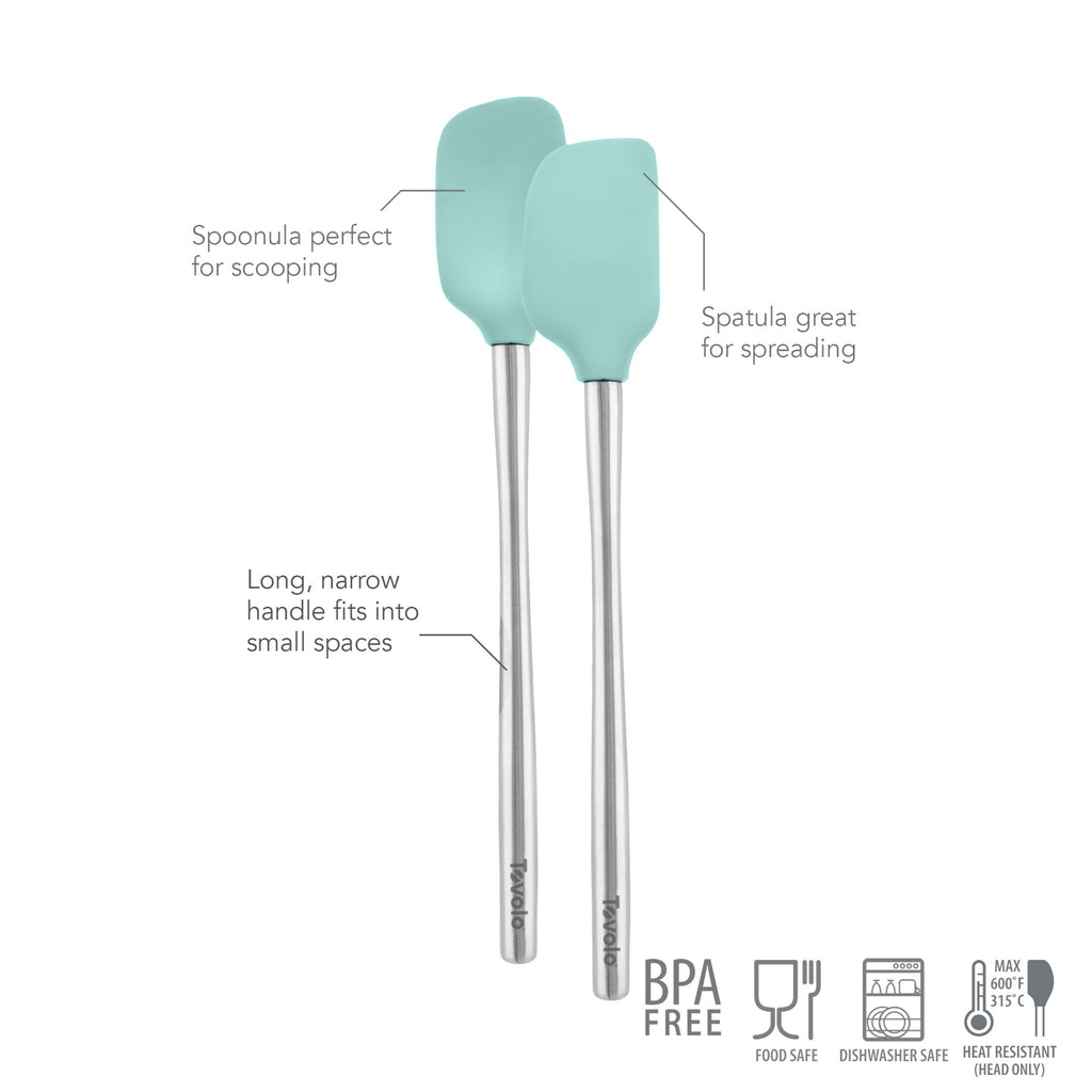 The tovolo Flex-Core Mini Spatula + Spoonula features teal silicone heads and long, narrow metal handles. BPA free, food safe, dishwasher safe, and heat resistant—perfect for scooping or spreading in any kitchen.