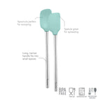 The tovolo Flex-Core Mini Spatula + Spoonula features teal silicone heads and long, narrow metal handles. BPA free, food safe, dishwasher safe, and heat resistant—perfect for scooping or spreading in any kitchen.