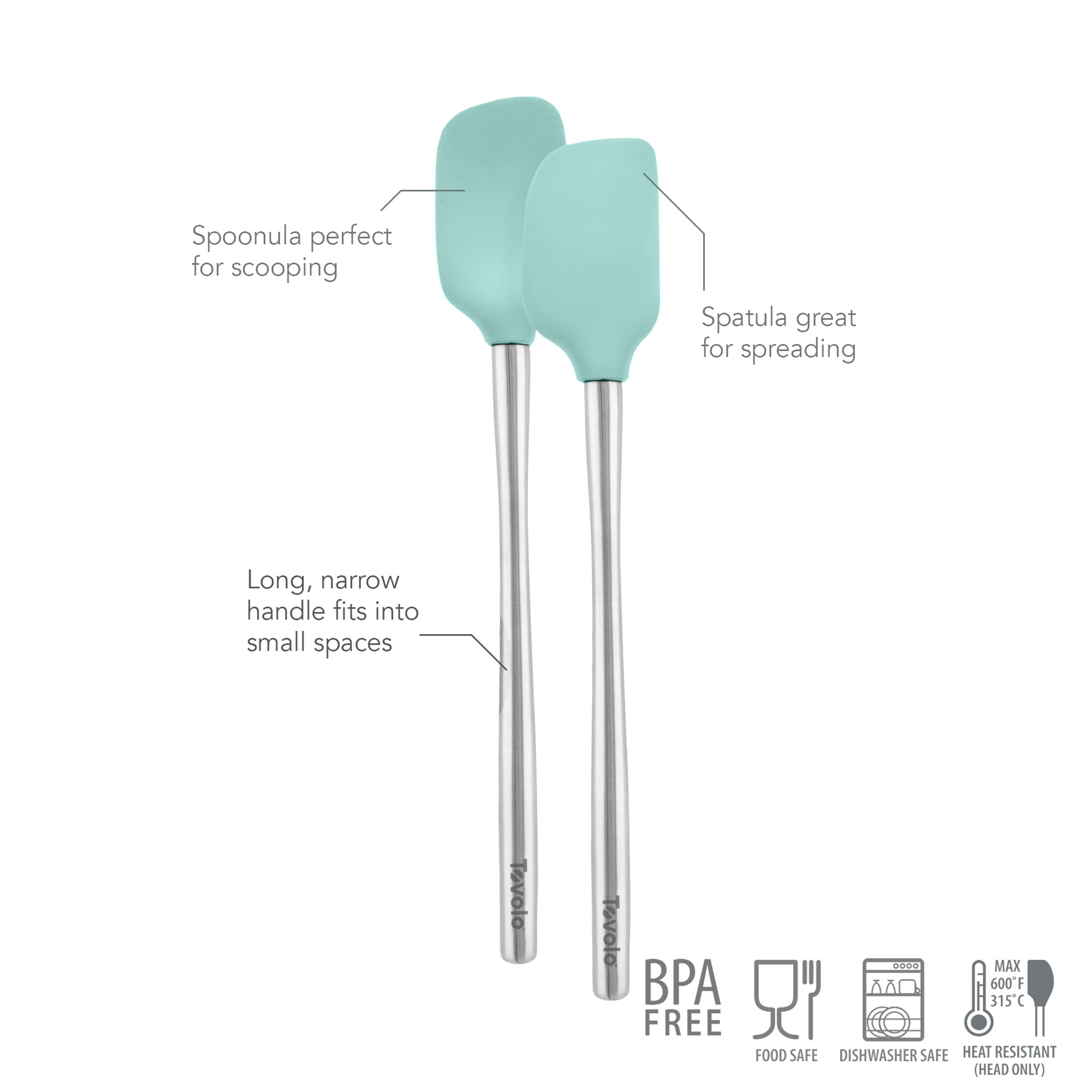 The tovolo Flex-Core Mini Spatula + Spoonula features teal silicone heads and long, narrow metal handles. BPA free, food safe, dishwasher safe, and heat resistant—perfect for scooping or spreading in any kitchen.