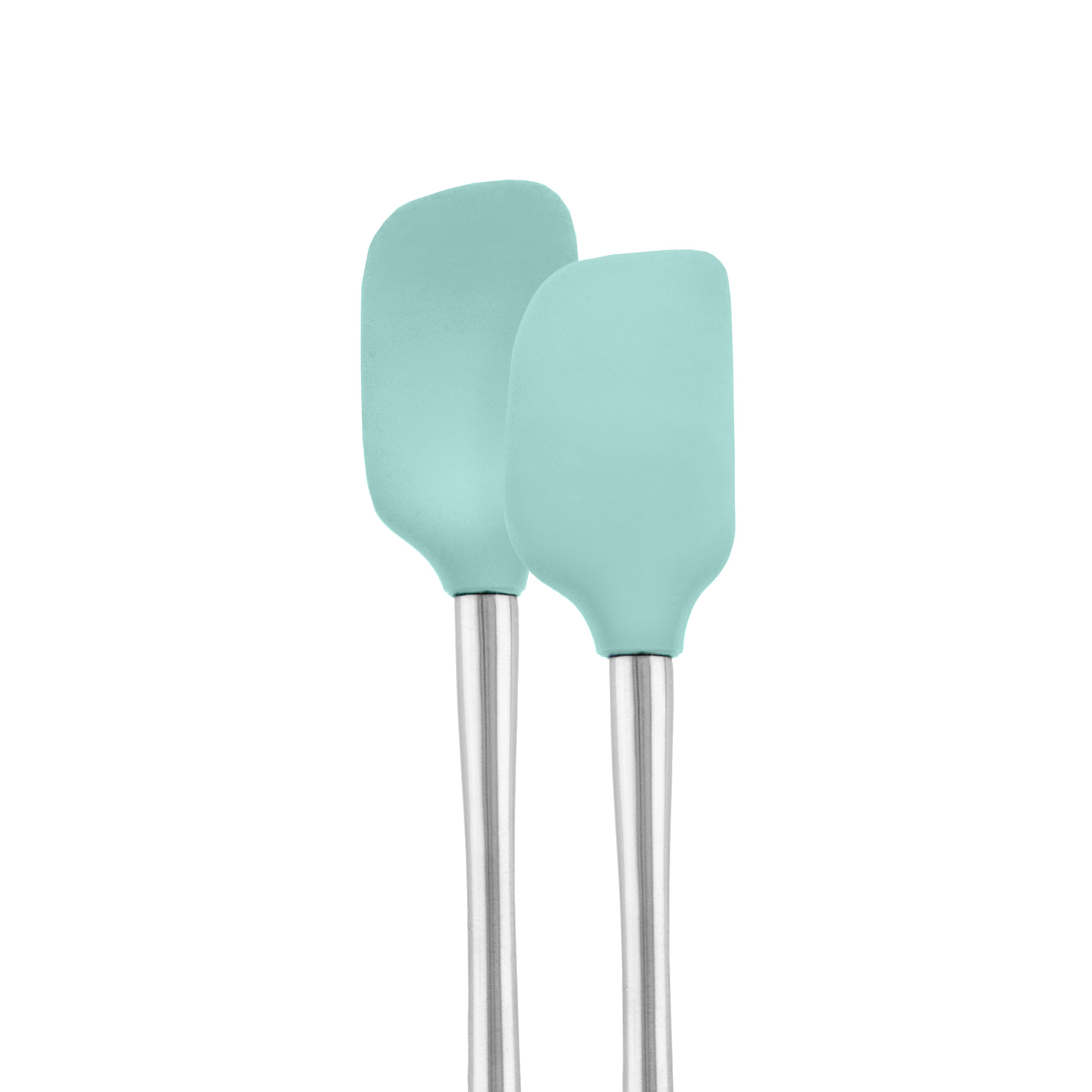 Two aqua blue tovolo Flex-Core Mini Spatula + Spoonula, with stainless steel handles, stand upright side by side against a white background.