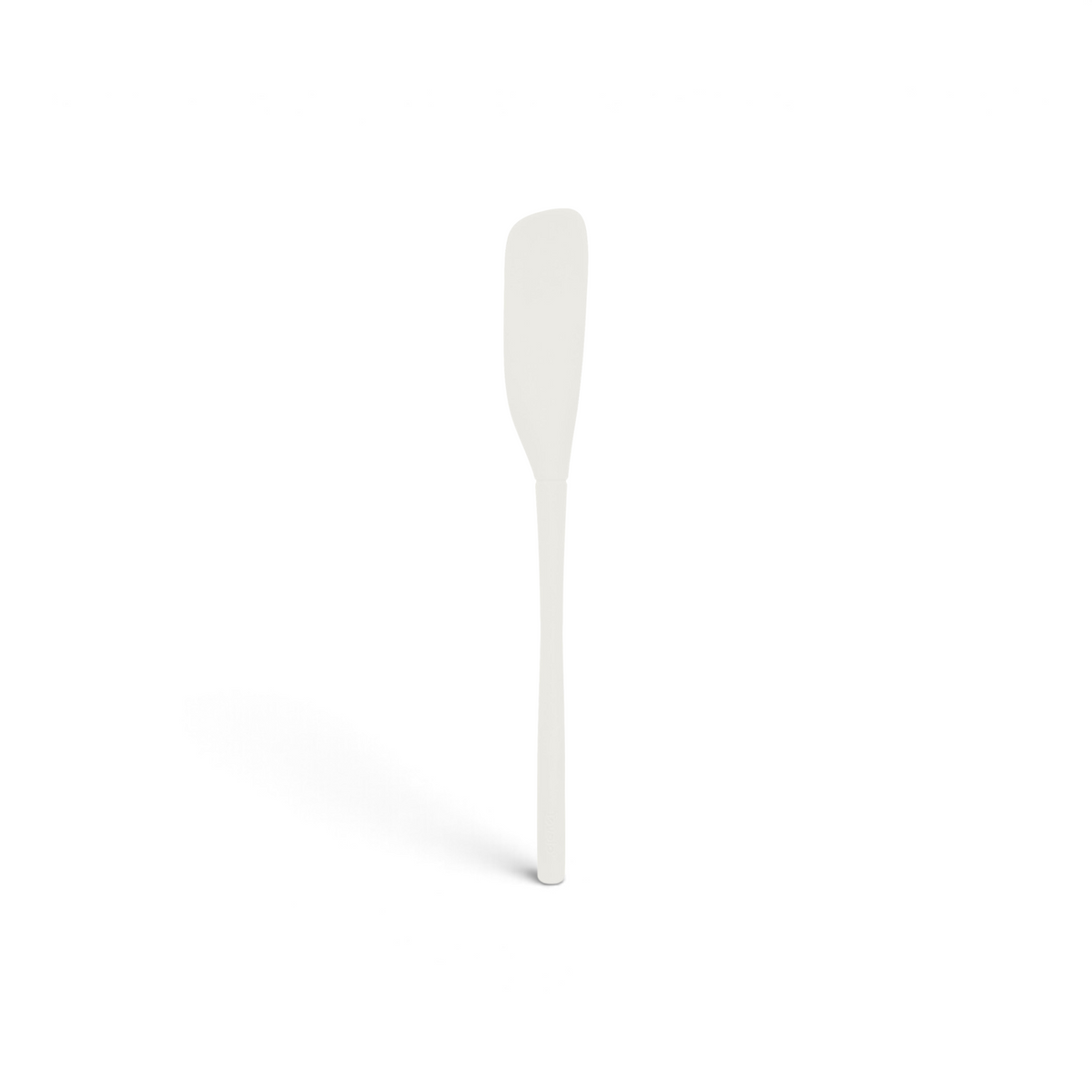 The tovolo Flex-Core Silicone Jar Scraper, featuring a white, long handle and a narrow, slightly curved blade, is shown standing vertically on a plain white background. Perfect for scraping jars.