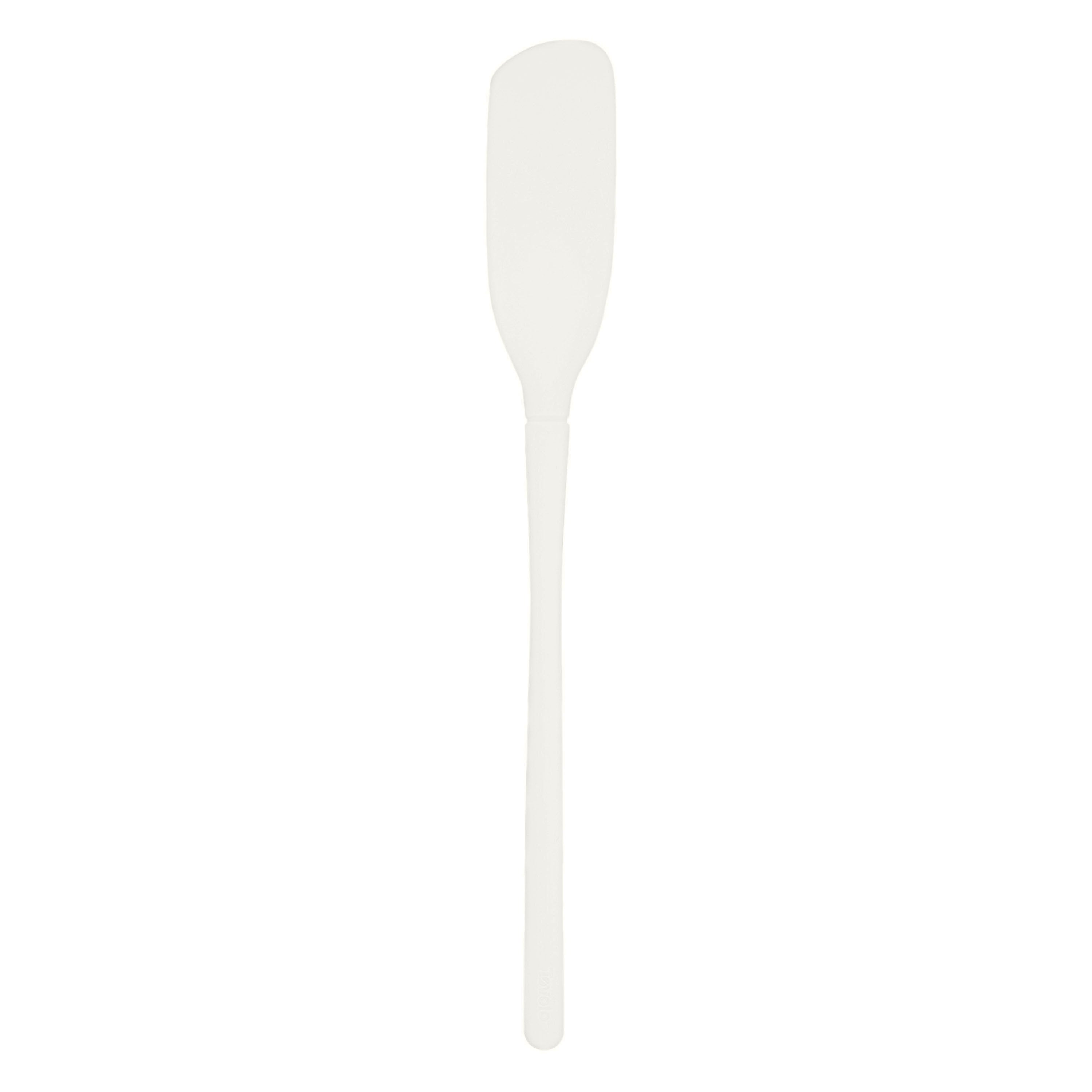 The tovolo Flex-Core Blender Spatula, featuring a white long handle and a narrow, flexible silicone blade, is displayed against a plain white background.