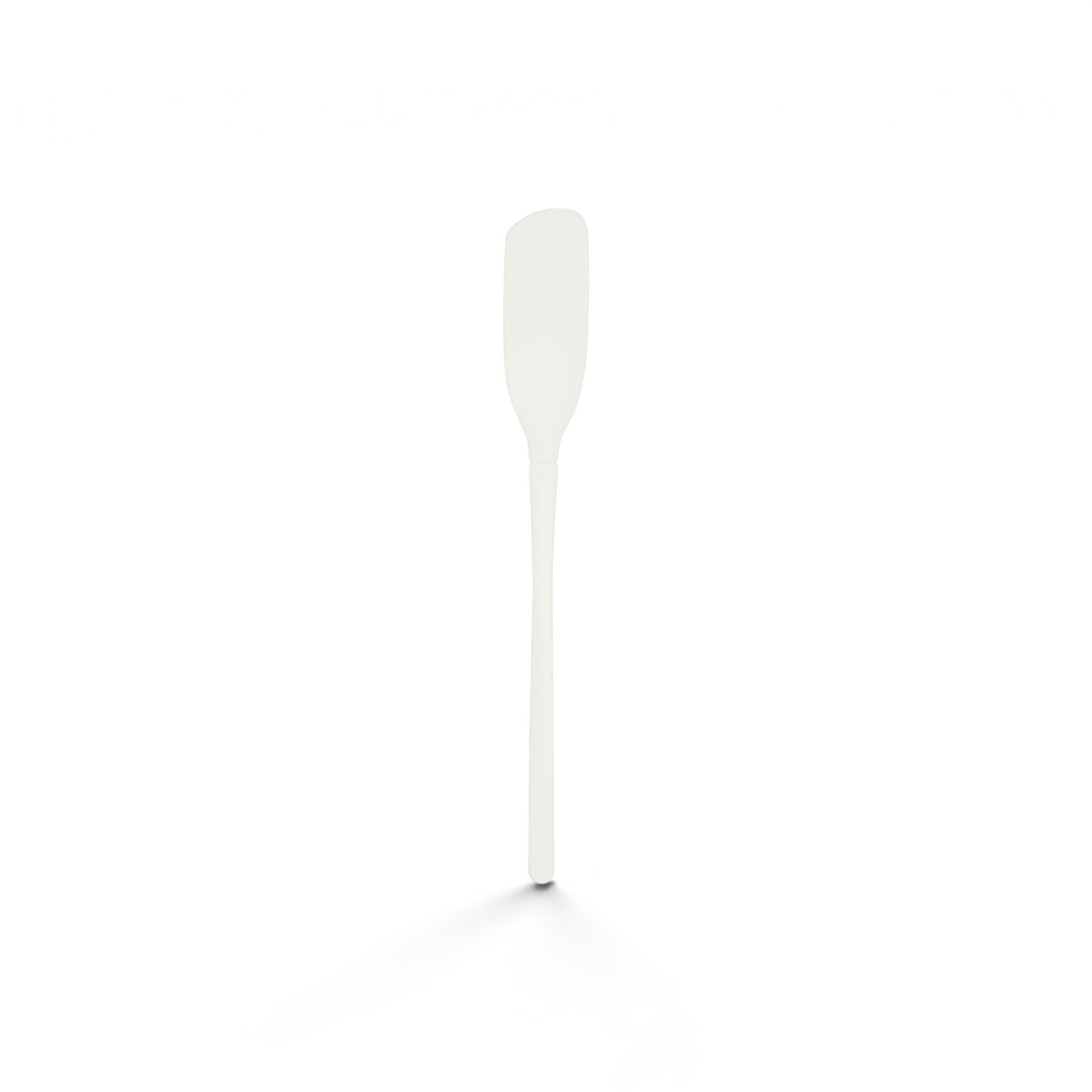The tovolo Flex-Core Silicone Blender Spatula, featuring a white, long handle and slightly curved rectangular blade, is ideal for scraping bowls or jars. Shown against a plain white background.