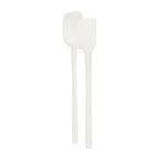 The Flex-Core Mini Spat + Spoonula, two white heat-resistant kitchen utensils with long handles, are displayed side by side on a plain white background.